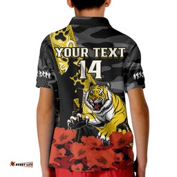 Custom Text And Number Richmond Football ANZAC 2023 Polo Shirt Tigers Aboriginal Mix Poppy Camouflage Amazing Aussie