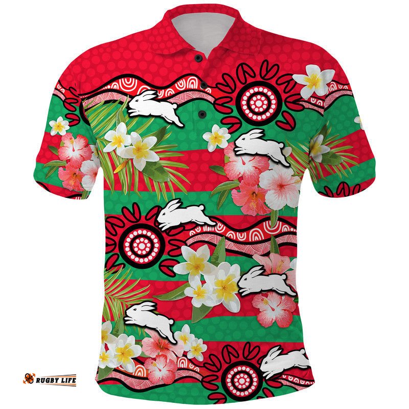 Rabbitohs Rugby Polo Shirt Tropical Flowers And Palm Hawaiian Style Amazing Aussie
