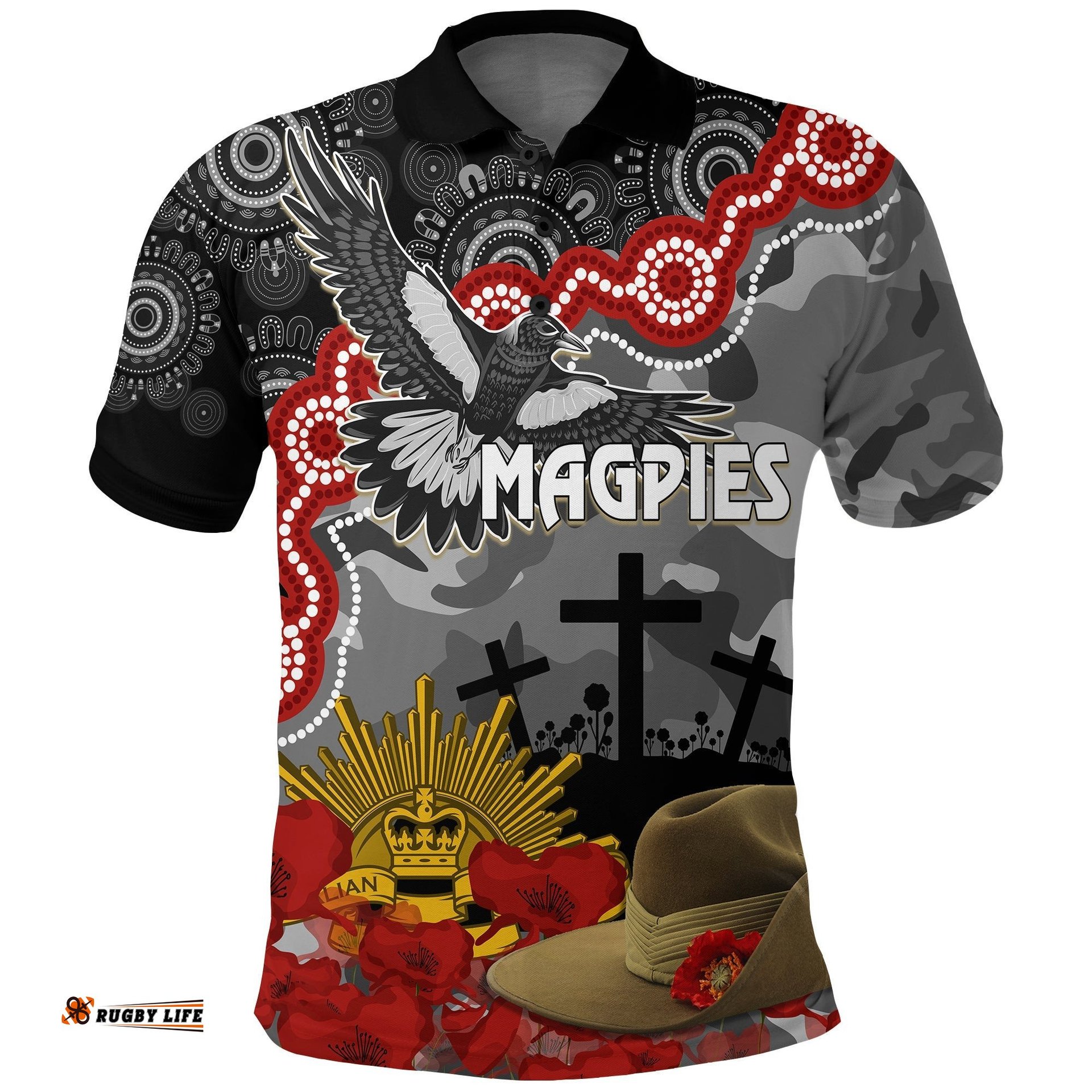 Magpies Football ANZAC 2023 Polo Shirt Aboriginal Mix Slouch Hat Amazing Aussie
