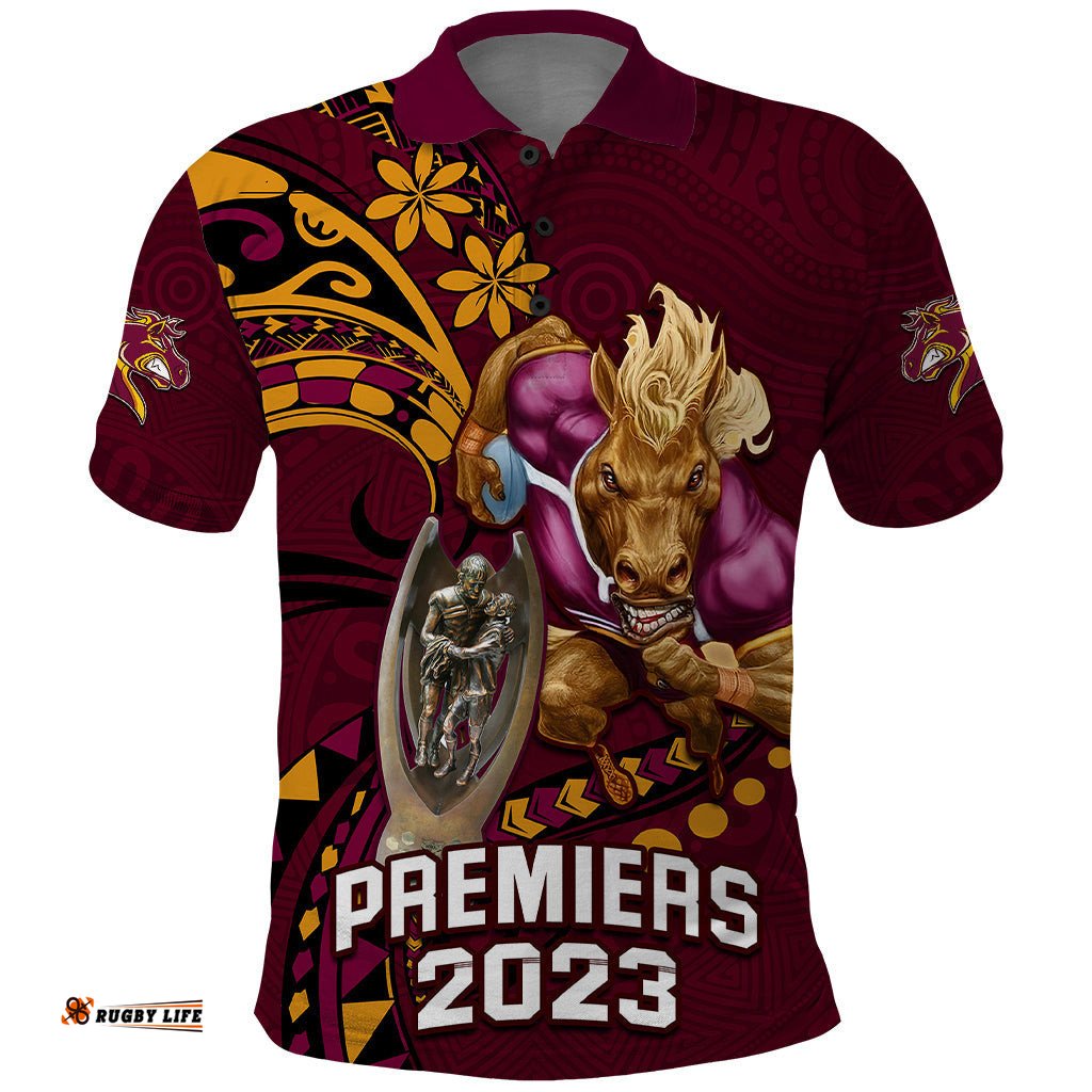 Custom NRL Broncos Premiers Polo Shirt Mascot with Polynesian Pattern Version 2023