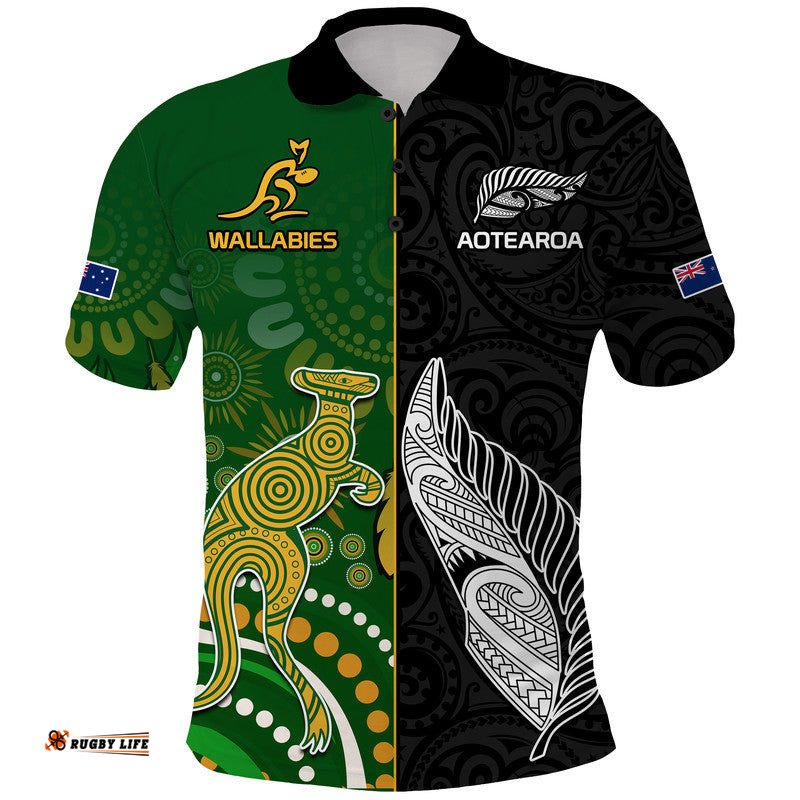 Aotearoa Rugby All Black Combine Australia Wallabies Polo Shirt Aboriginal Kangaroo And Maori Fern Amazing Aussie