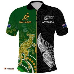 Aotearoa Rugby All Black Combine Australia Wallabies Polo Shirt Aboriginal Kangaroo And Maori Fern Amazing Aussie