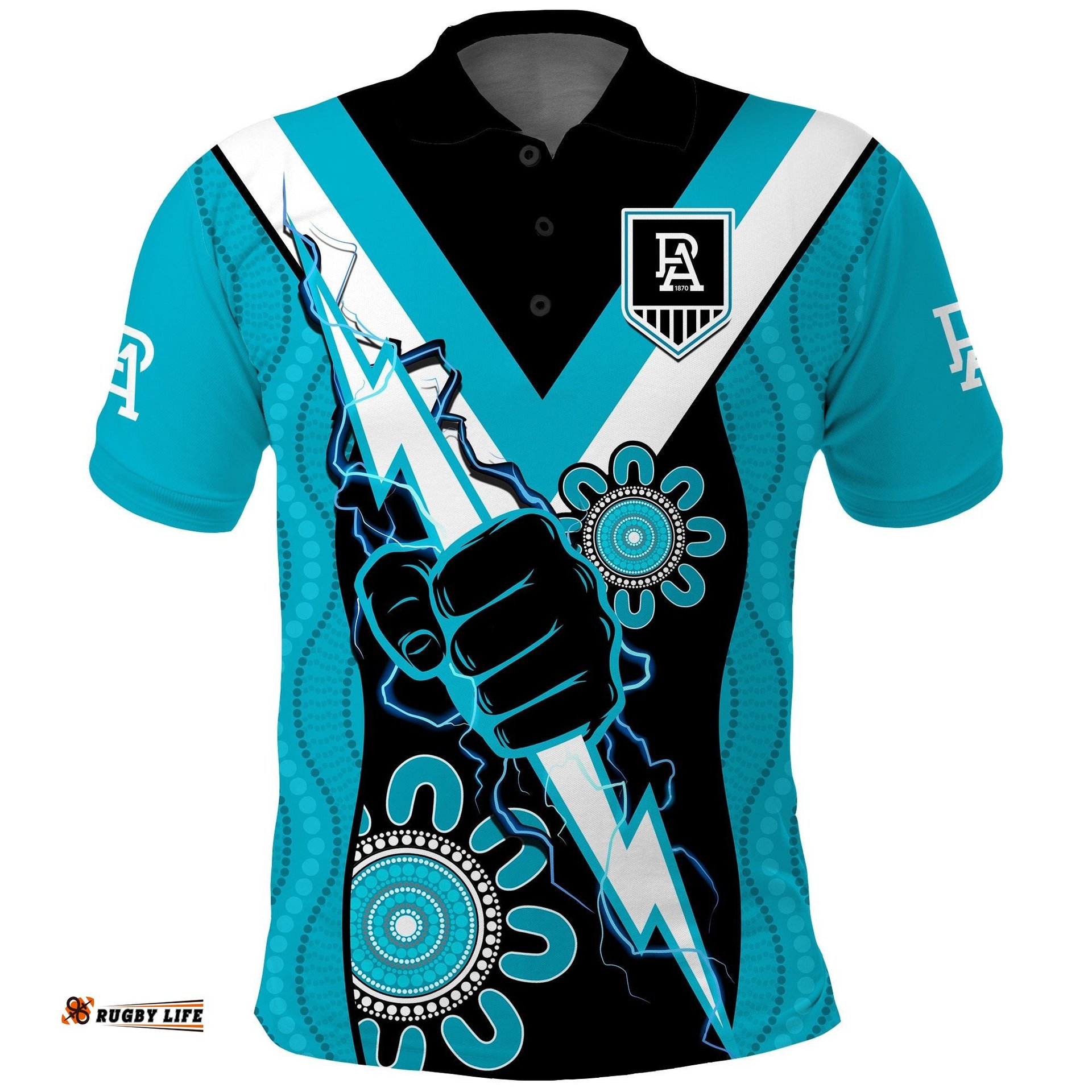 Port Adelaide Football Polo Shirt Power Thunder Hand Mix Aboriginal Dynamic Amazing Aussie