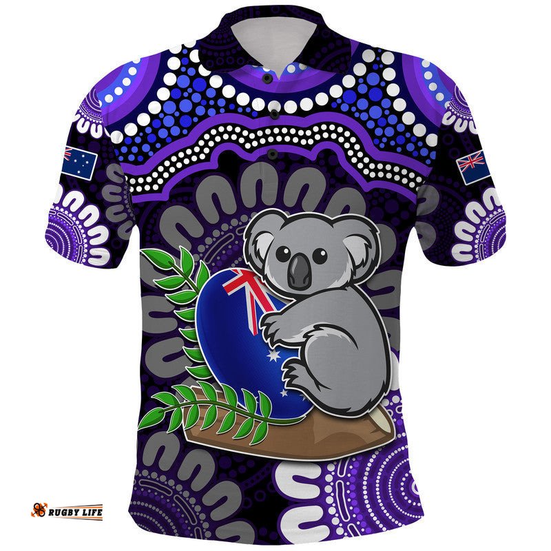 Custom Personalised Australia Koala Aboriginal Polo Shirt Koala Hugging Rugby Ball Purple Amazing Aussie