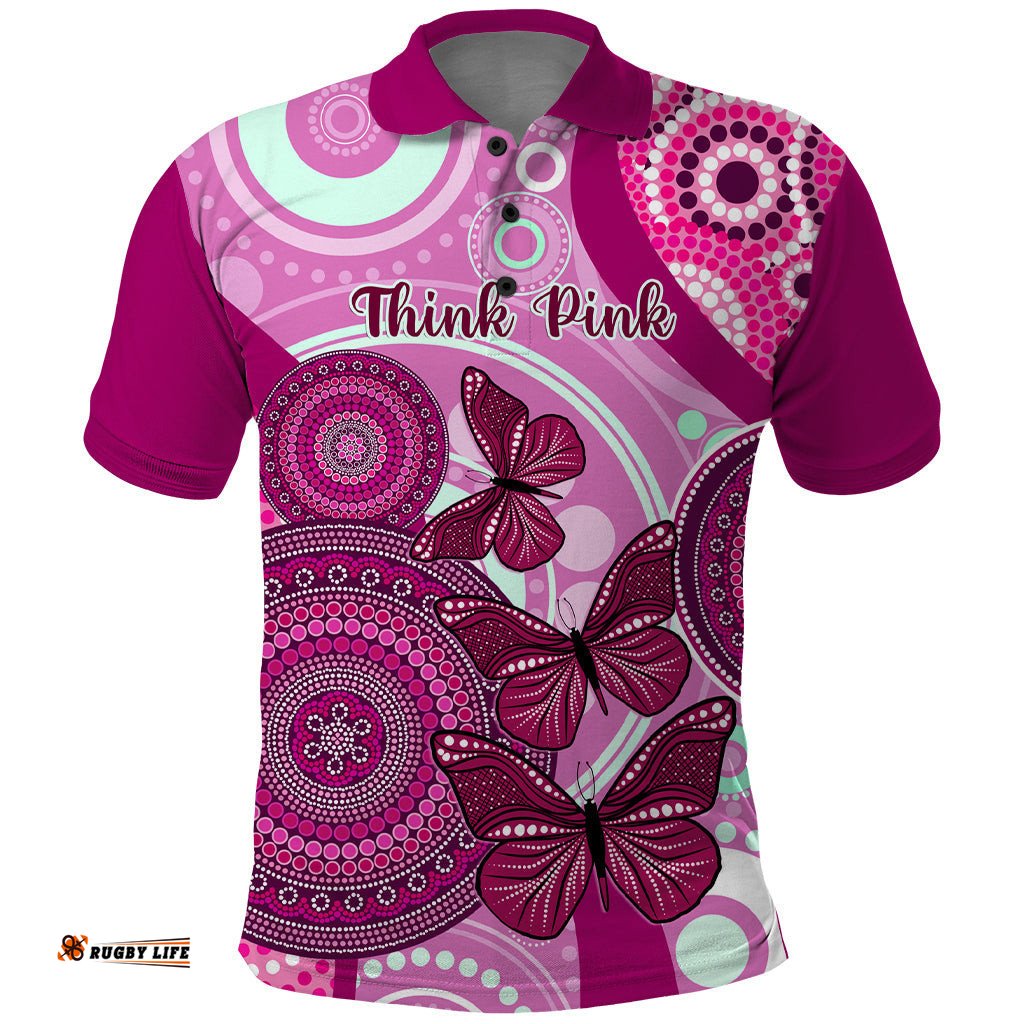 Personalised Australia Breast Cancer Polo Shirt Indigenous Butterfly No One Fights Alone