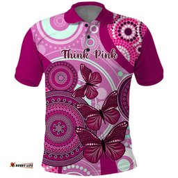 Personalised Australia Breast Cancer Polo Shirt Indigenous Butterfly No One Fights Alone