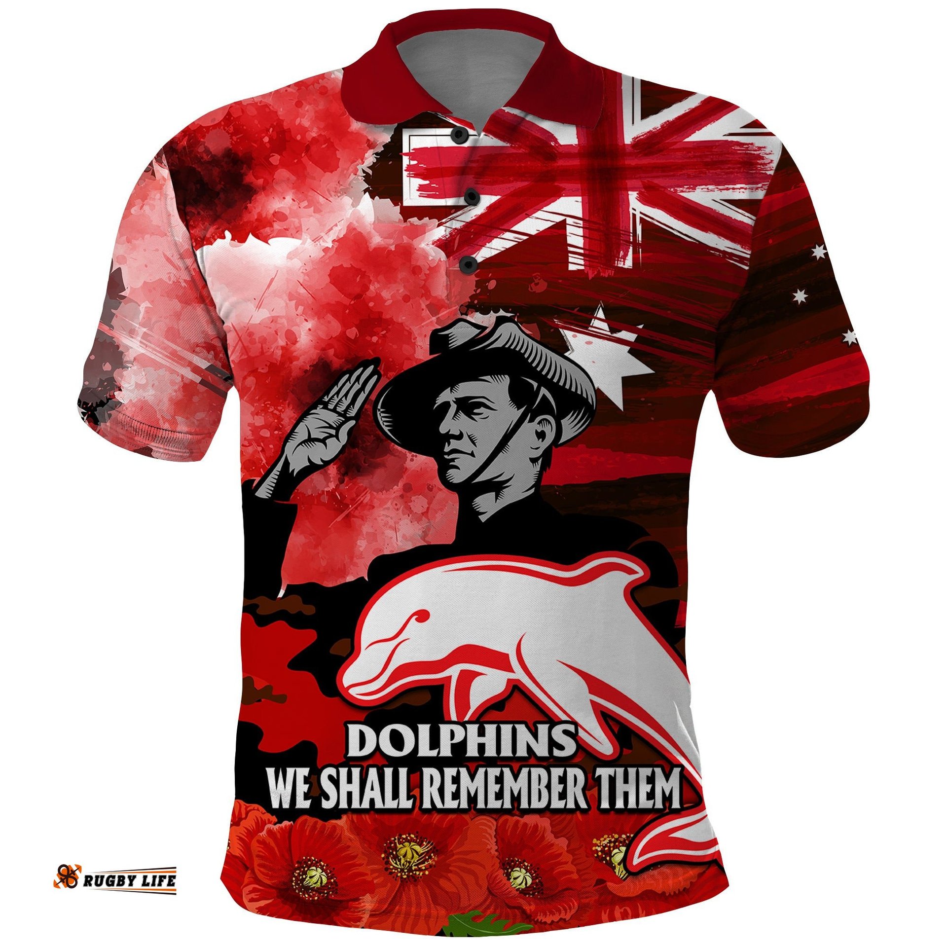 ANZAC Dolphins Rugby Polo Shirt We Shall Remember Amazing Aussie