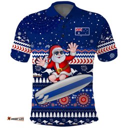 Custom Text and Number Australia Christmas Polo Shirt Aussie Aboriginal Santa Claus is Surfing with Kangaroo Amazing Aussie