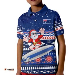 Custom Text and Number Australia Christmas Polo Shirt Aussie Aboriginal Santa Claus is Surfing with Kangaroo Amazing Aussie