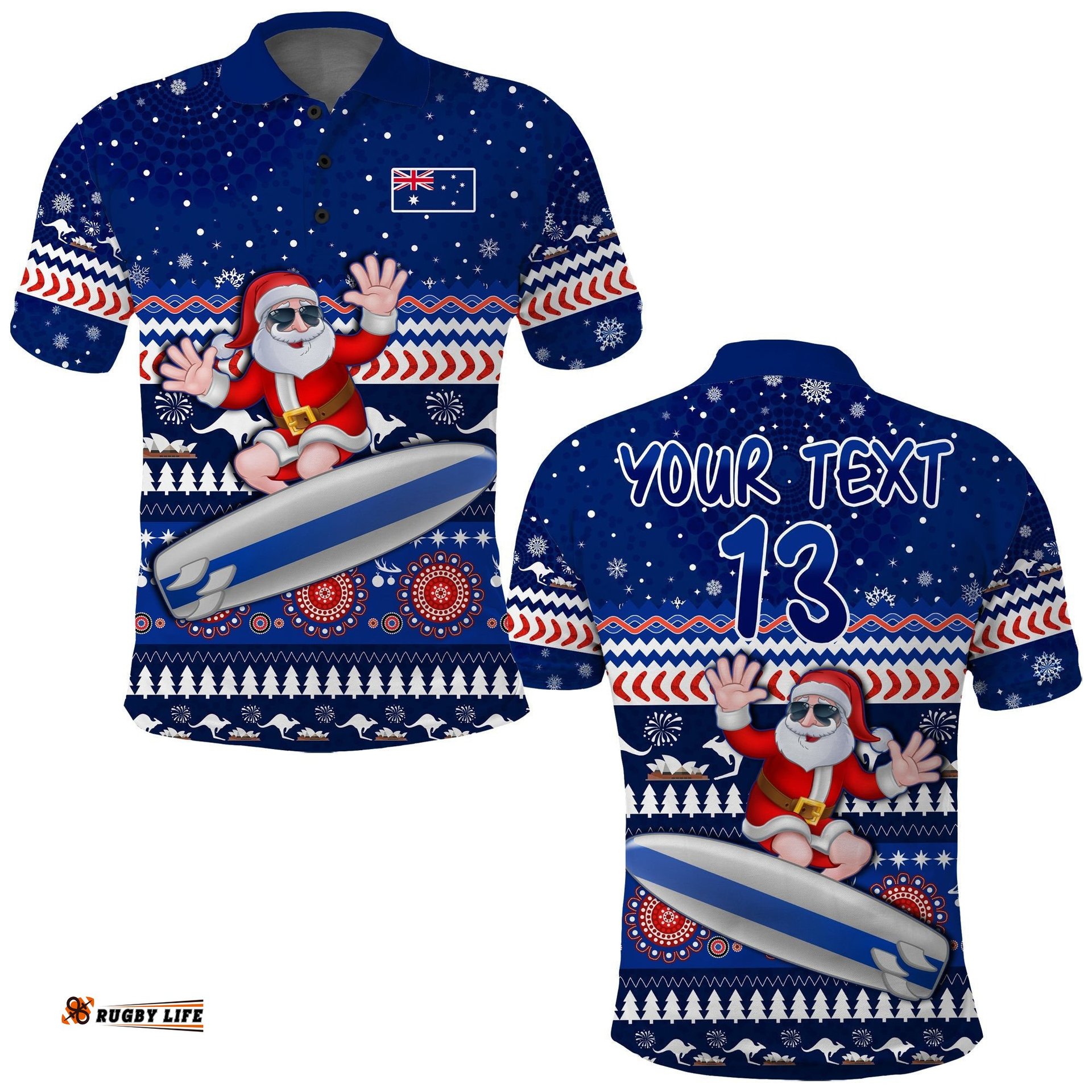 Custom Text and Number Australia Christmas Polo Shirt Aussie Aboriginal Santa Claus is Surfing with Kangaroo Amazing Aussie