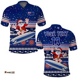 Custom Text and Number Australia Christmas Polo Shirt Aussie Aboriginal Santa Claus is Surfing with Kangaroo Amazing Aussie
