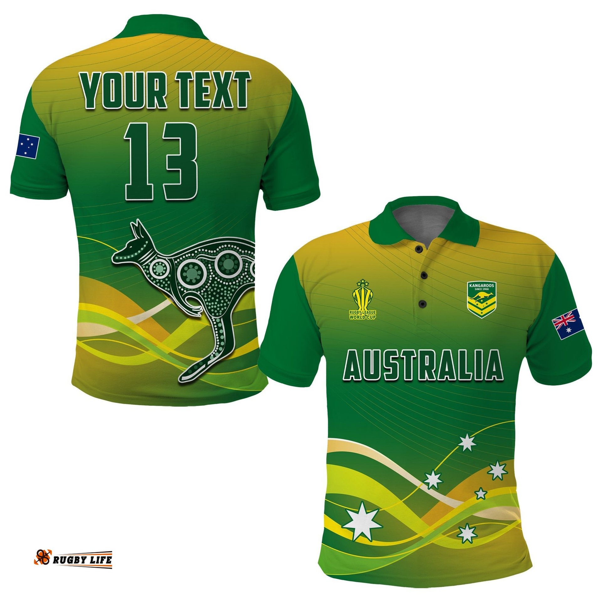 Custom Text and Number Australia Rugby Polo Shirt Champions RLWC Kangaroos World Cup Rugby Amazing Aussie