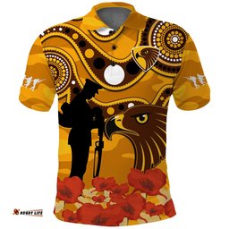 Hawks Football ANZAC 2023 Polo Shirt Indigenous Mix Poppy Camouflage Amazing Aussie