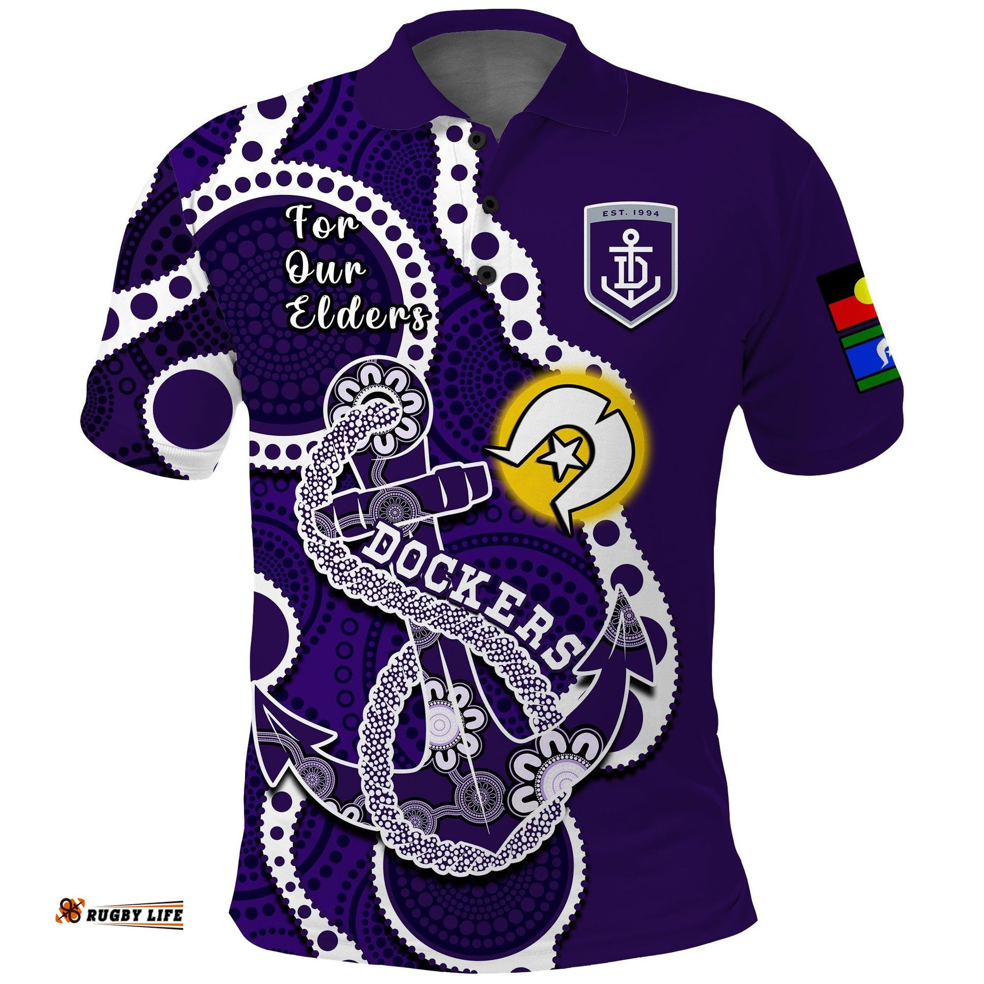 Custom Text And Number Fremantle Football NAIDOC 2023 Polo Shirt Dockers For Our Elders Indigenous Art Amazing Aussie