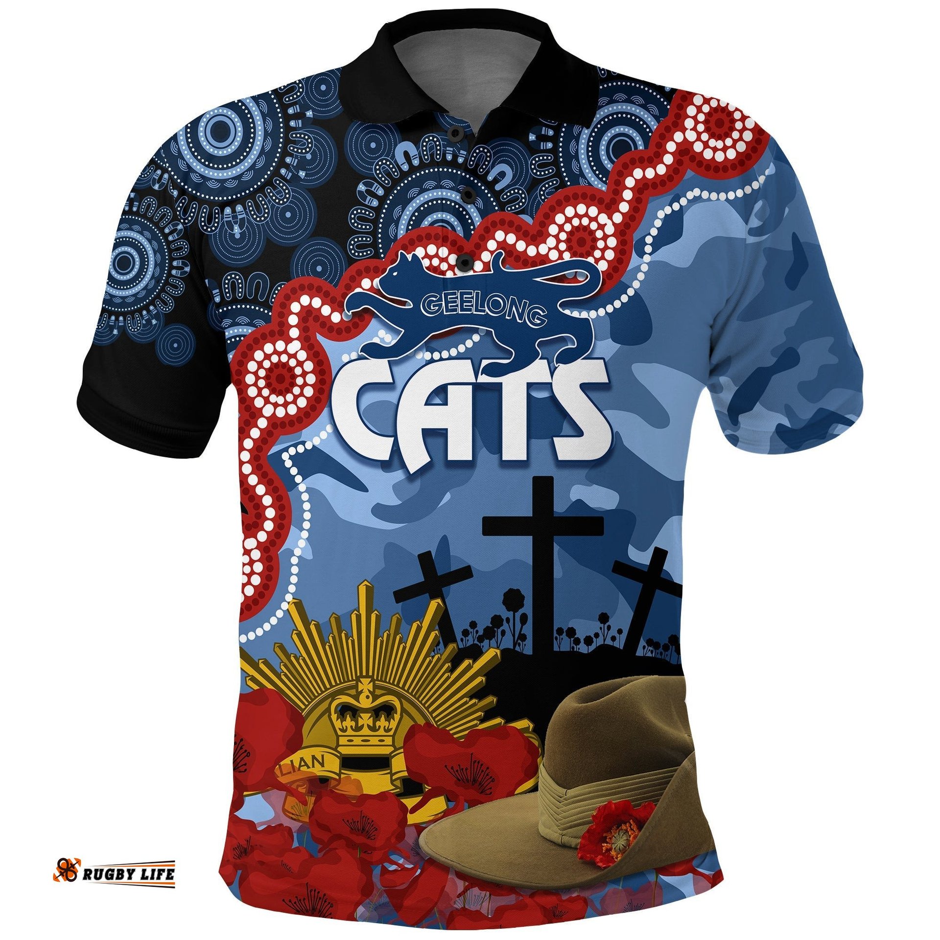Cats Football ANZAC 2023 Polo Shirt Aboriginal Mix Slouch Hat Amazing Aussie