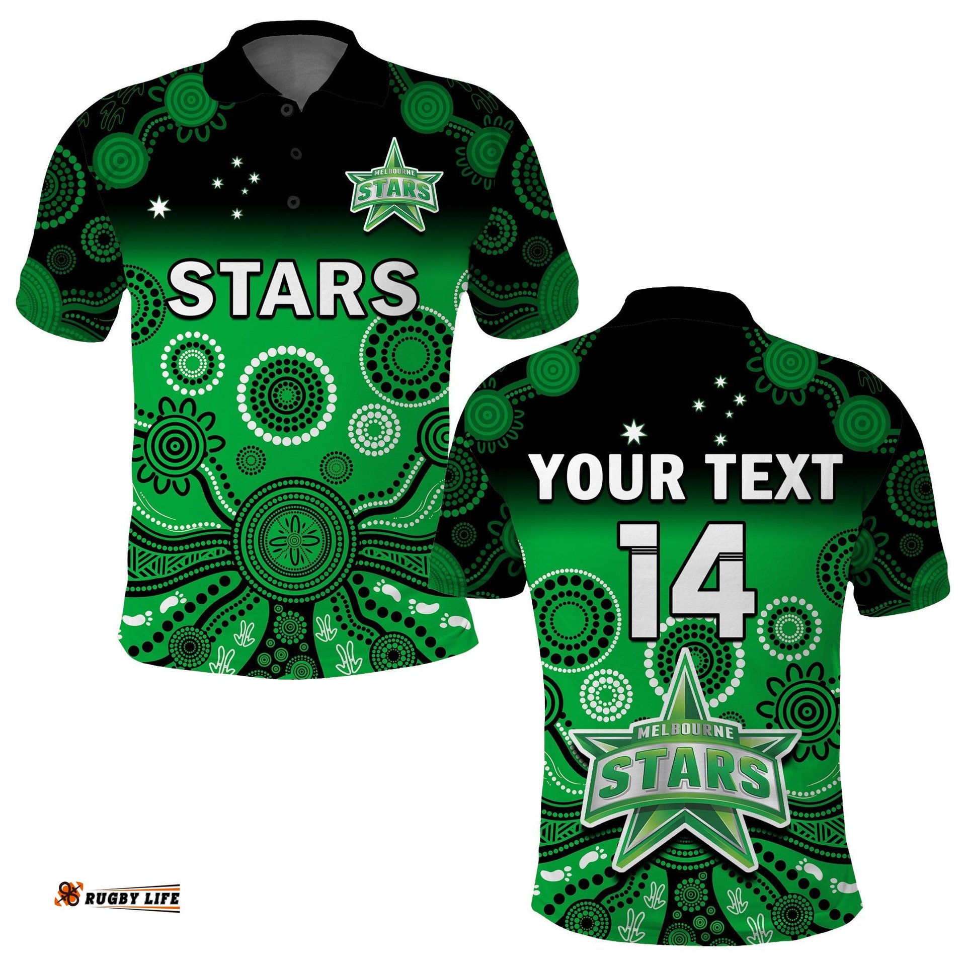 Custom Text And Number Stars Cricket Polo Shirt Melbourne Team Green Gradient Aboriginal Art Amazing Aussie