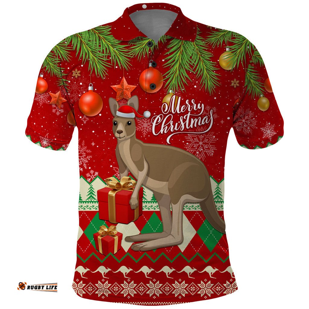 Australia Christmas Polo Shirt Aussie Kangaroo Santa Merry Xmas