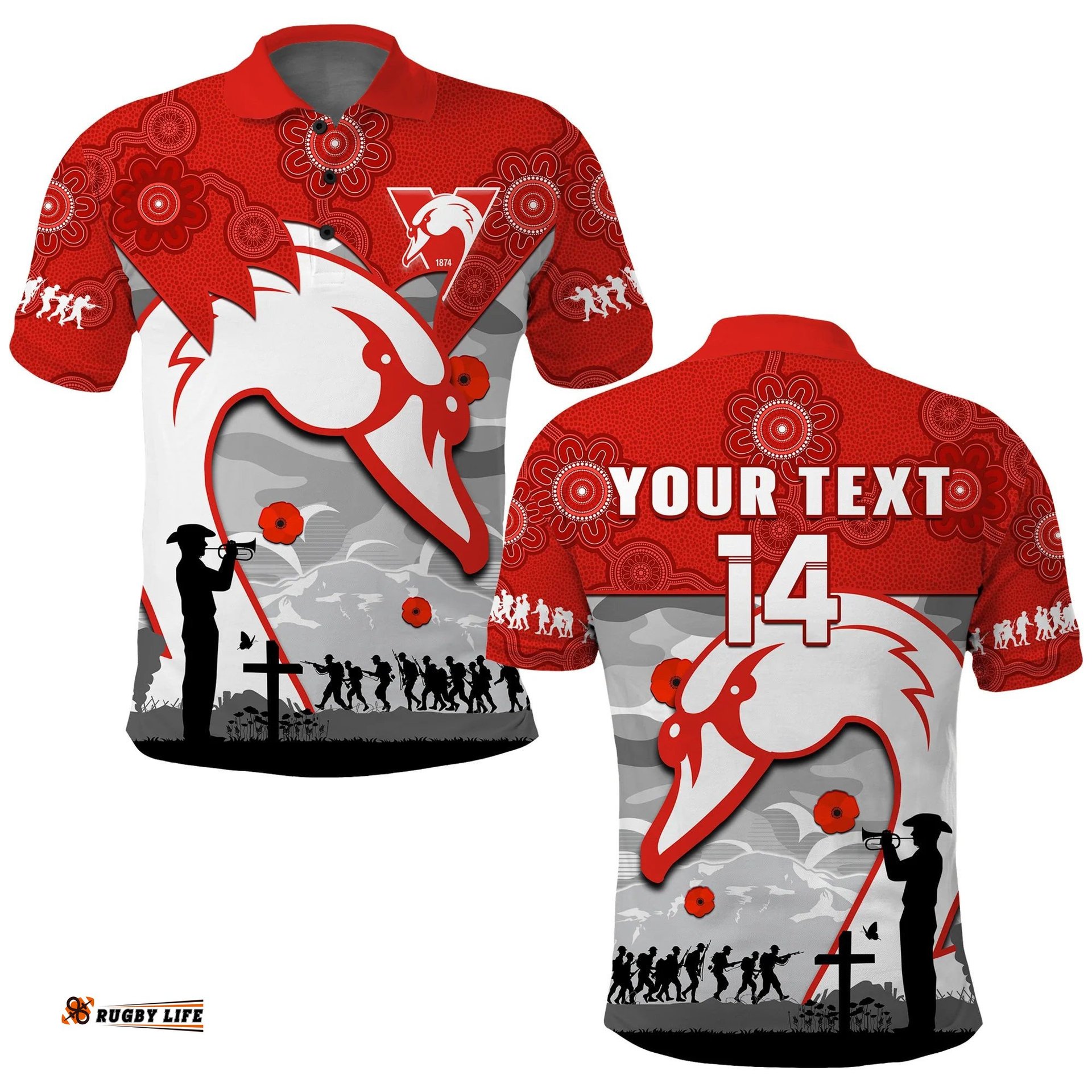 Custom Text And Number Swans Football ANZAC Polo Shirt Sydney Indigenous Camouflage Art Amazing Aussie