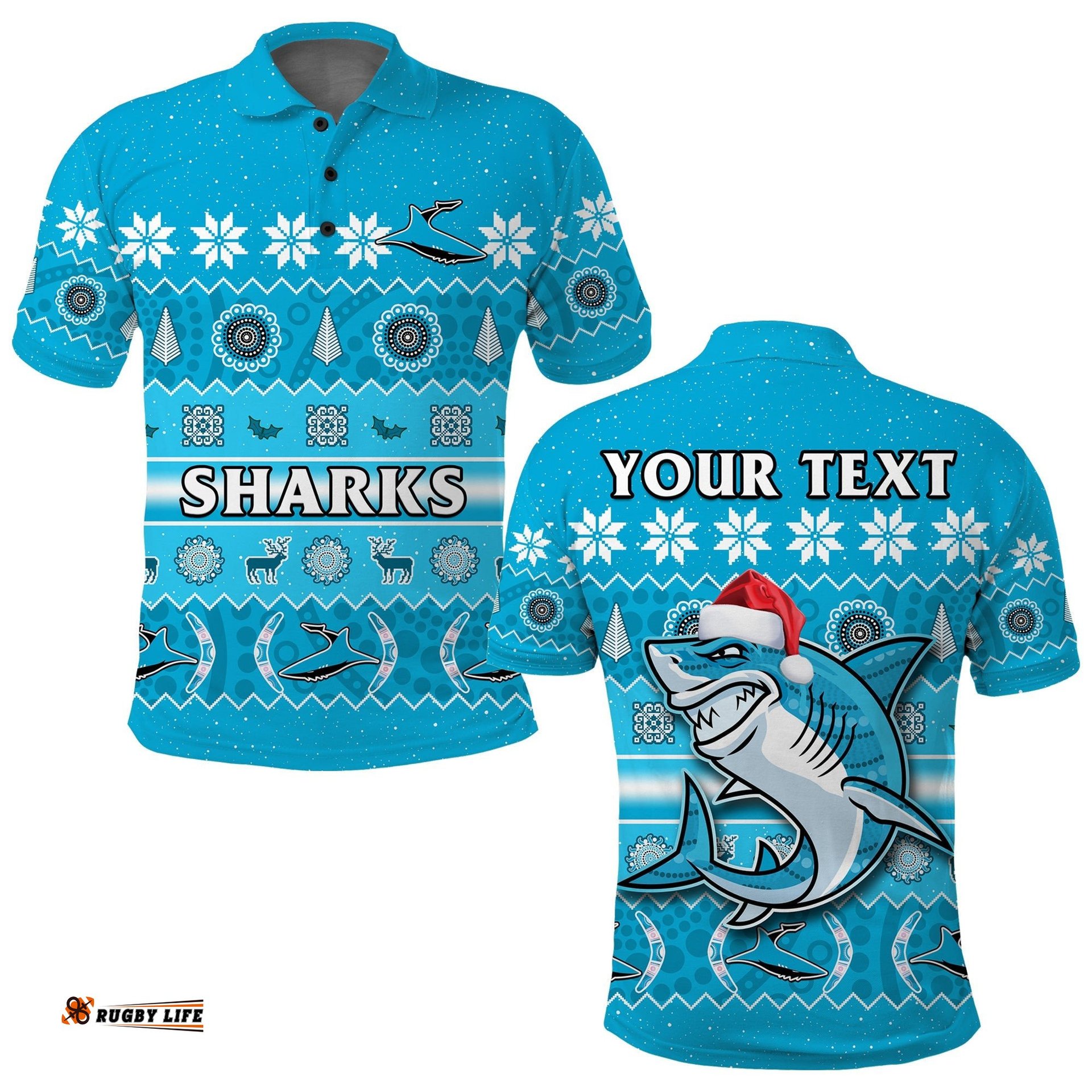 Custom Personalised Sharks Christmas Polo Shirt Cronulla Sutherland Aboriginal Art Merry Xmas Amazing Aussie