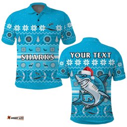 Custom Personalised Sharks Christmas Polo Shirt Cronulla Sutherland Aboriginal Art Merry Xmas Amazing Aussie