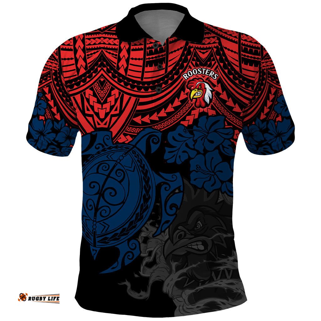 Custom Roosters Rugby Polo Shirt Sydney Hibiscus and Turtle With Polynesian Pattern