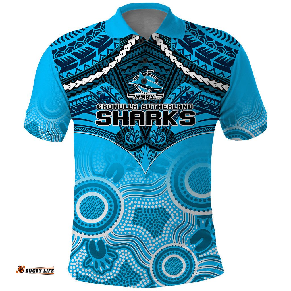 Personalised Sharks Rugby Polo Shirt Go Sharkies Aboriginal Mix Polynesian Pattern