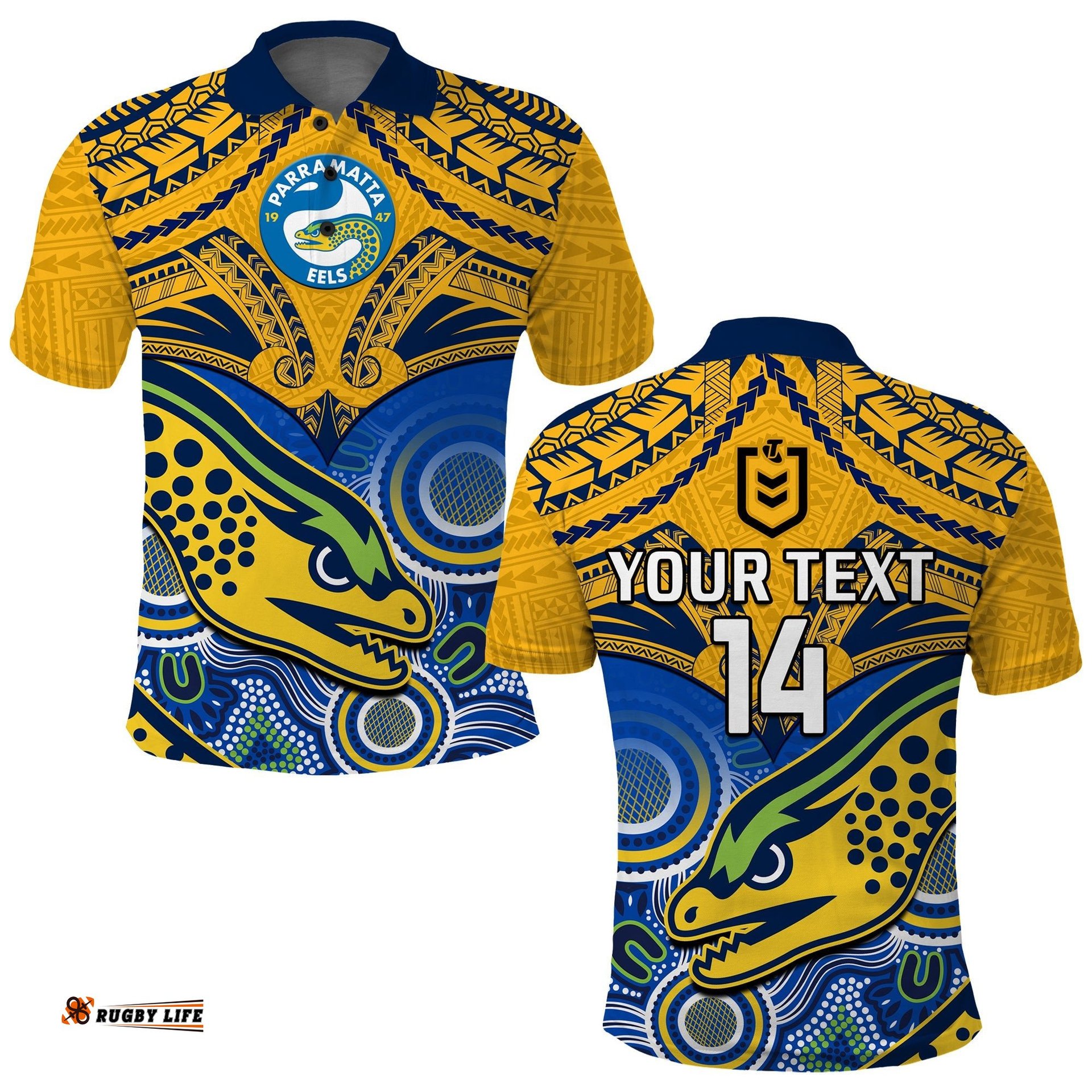 Custom Text And Number Parramatta Rugby 2023 Polo Shirt Go Eels Polynesian Mix Indigenous Art Amazing Aussie