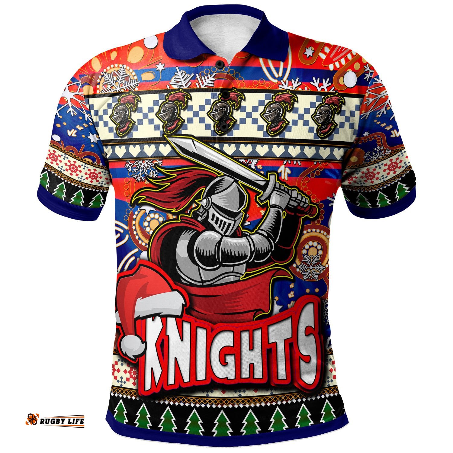 Knights Rugby Christmas Polo Shirt - Custom Xmas Knights Christmas Balls, Snowflake With Aboriginal Patterns Polo Shirt Amazing Aussie