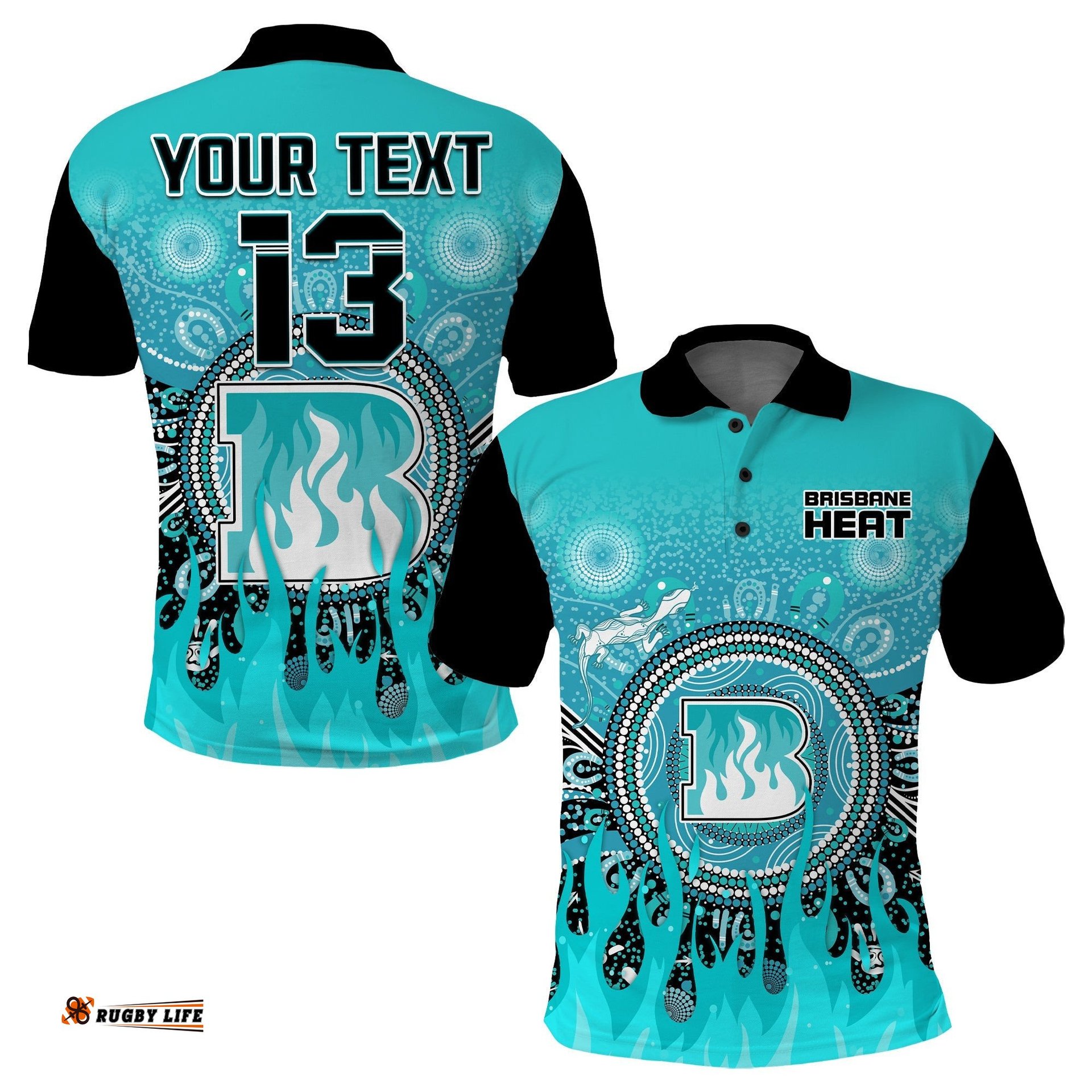 Custom Text and Number Brisbane Heat Polo Shirt Aboriginal Dot Fire Australia Cricket Amazing Aussie