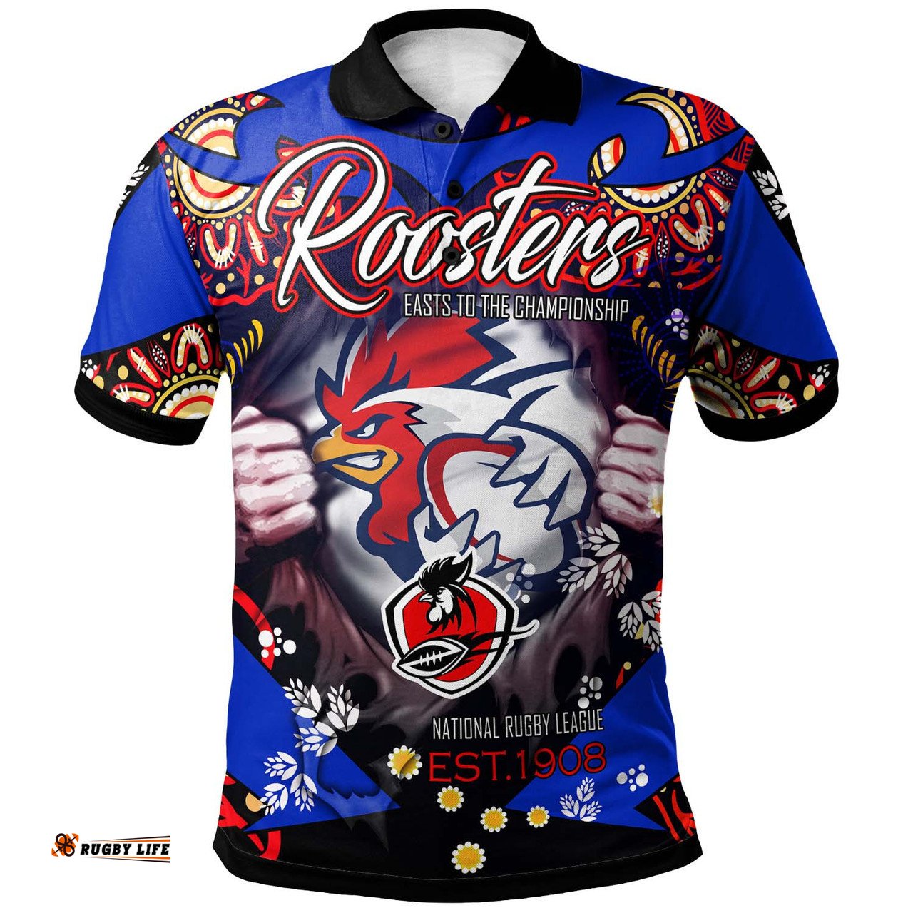 Amazing Aussie Sydney Roosters Custom Personalised Sydney Roosters "Easts To Championship" Aboriginal Inspired Player And Number Polo Shirt