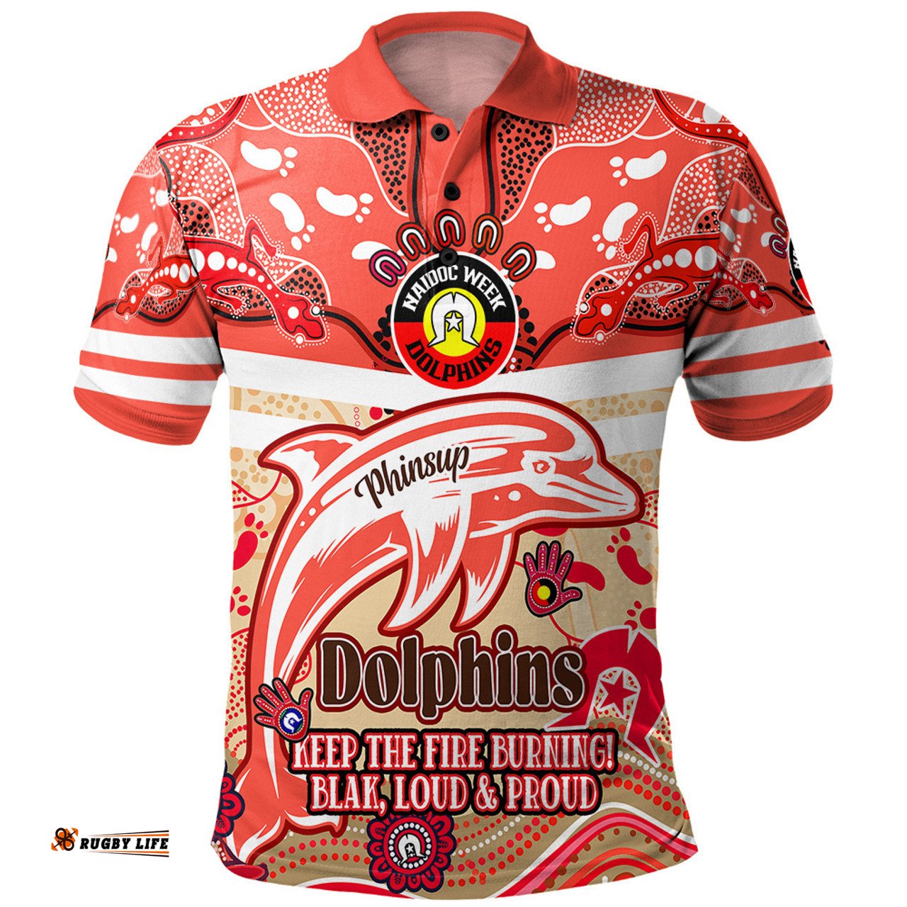 Amazing Aussie Redcliffe Dolphins Custom Naidoc Keep the Fire Burning! Blak, Loud & Proud Home Jersey Polo Shirt