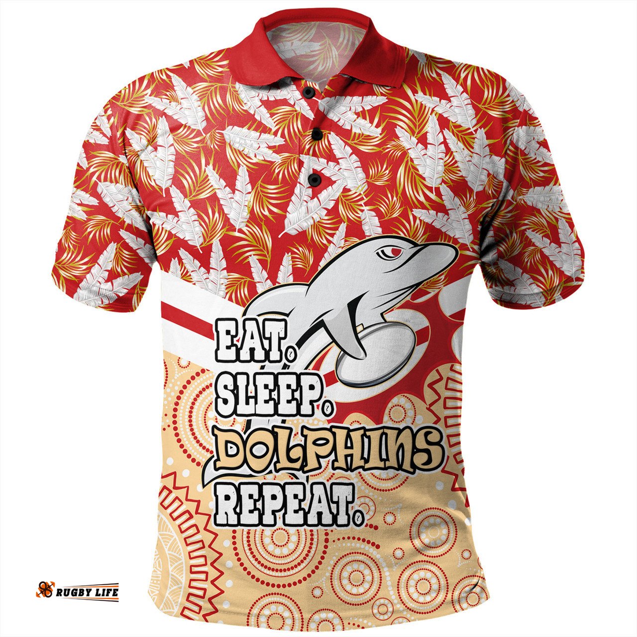 Amazing Aussie Redcliffe Dolphins Tropical Patterns And Dot Painting Eat Sleep Rugby Repeat Polo Shirt