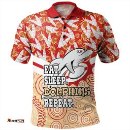 Amazing Aussie Redcliffe Dolphins Tropical Patterns And Dot Painting Eat Sleep Rugby Repeat Polo Shirt