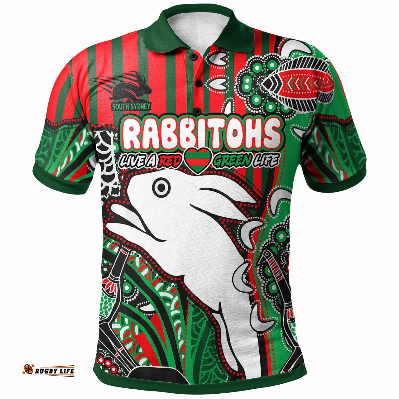 Amazing Aussie South Sydney Rabbitohs Indigenous Dreaming Souths "Live A Red Green Life" Polo Shirt