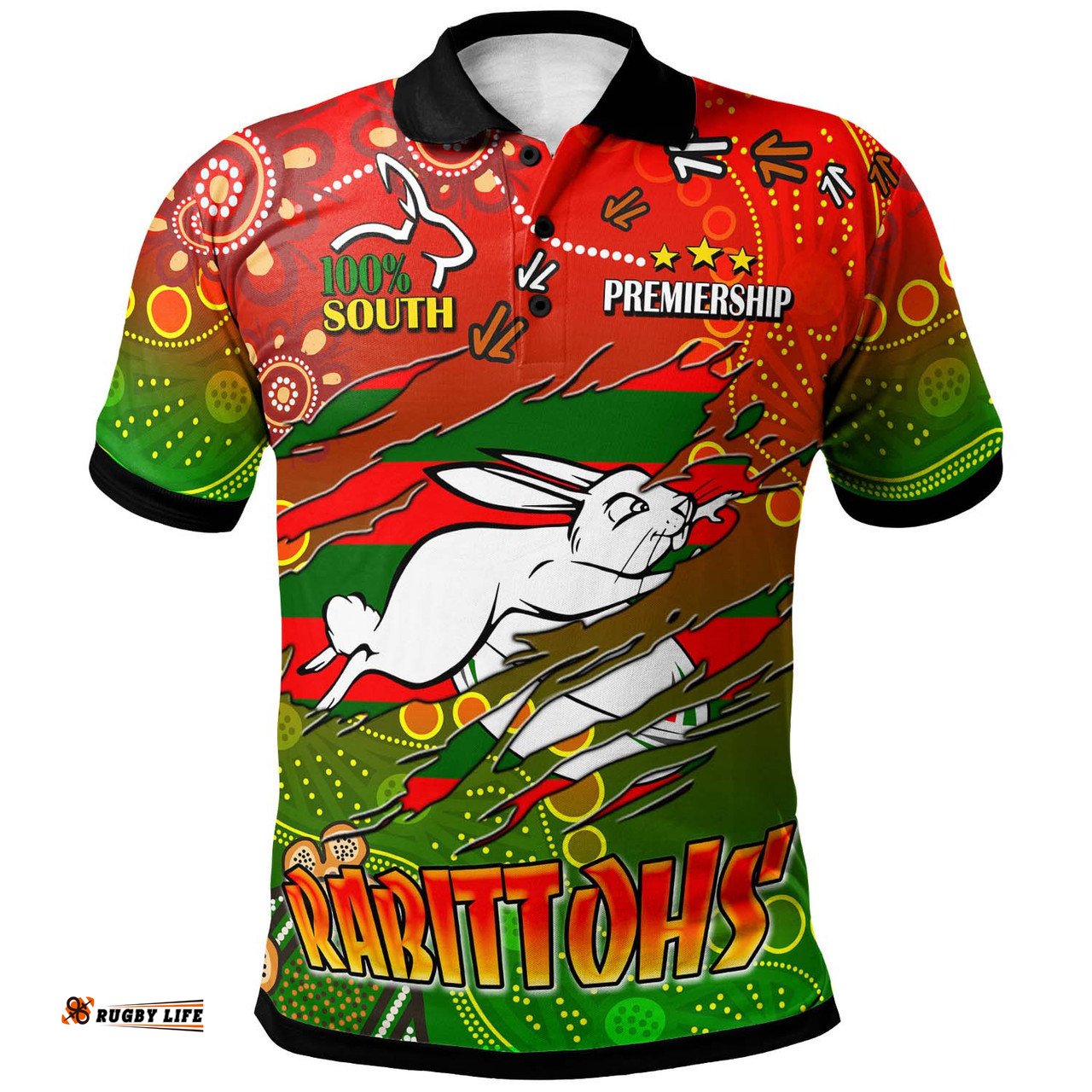 Amazing Aussie South Sydney Rabbitohs Custom 100% South South Sydney Rabbitohs Premiership with Aboriginal Inspired Culture Player And Number Polo Shirt