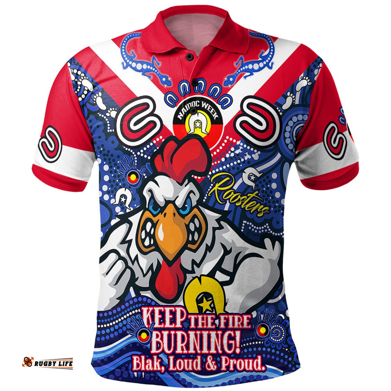 Amazing Aussie Sydney Roosters Custom Naidoc Keep the Fire Burning! Blak, Loud & Proud Home Jersey Polo Shirt