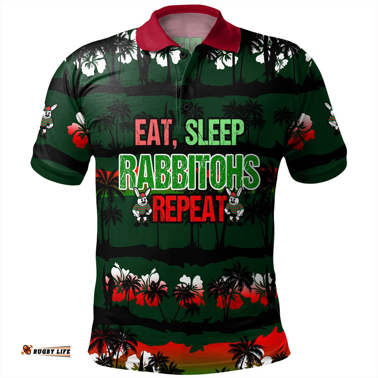 Amazing Aussie South Sydney Rabbitohs Eat Sleep Repeat With Tropical Patterns Polo Shirt