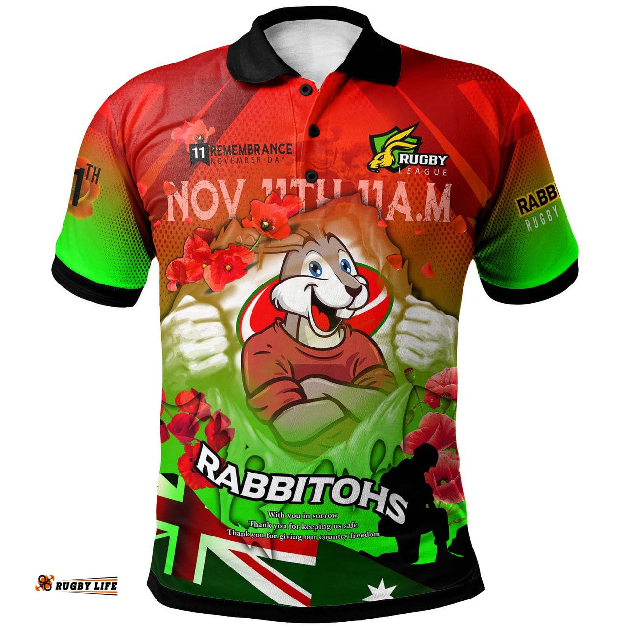 Amazing Aussie South Sydney Rabbitohs South Sydney Rabbitohs Remembrance Day Lest We Forget Poppies Polo Shirt