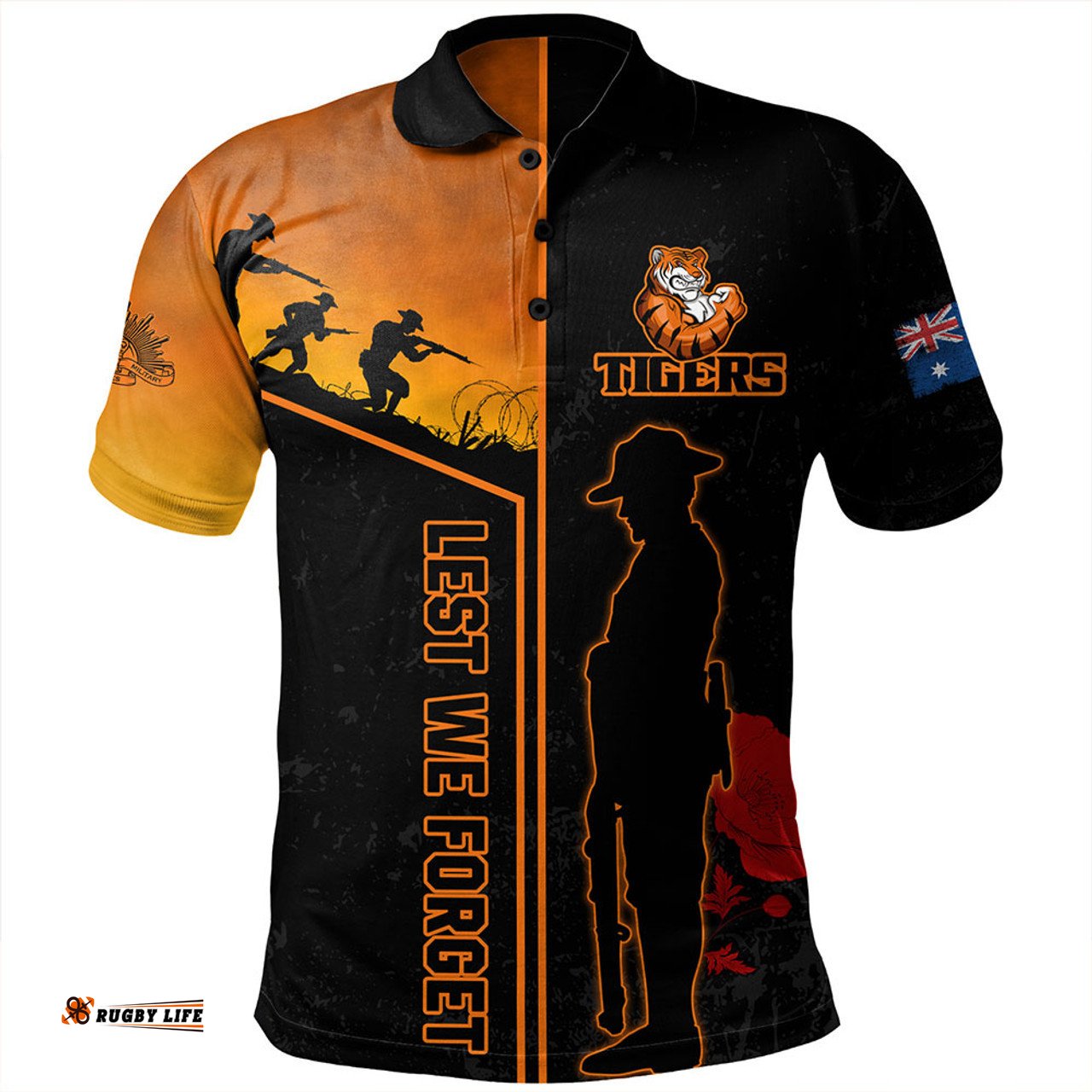 Amazing Aussie Wests Tigers Anzac Day Lest We Forget Poppy Polo Shirt