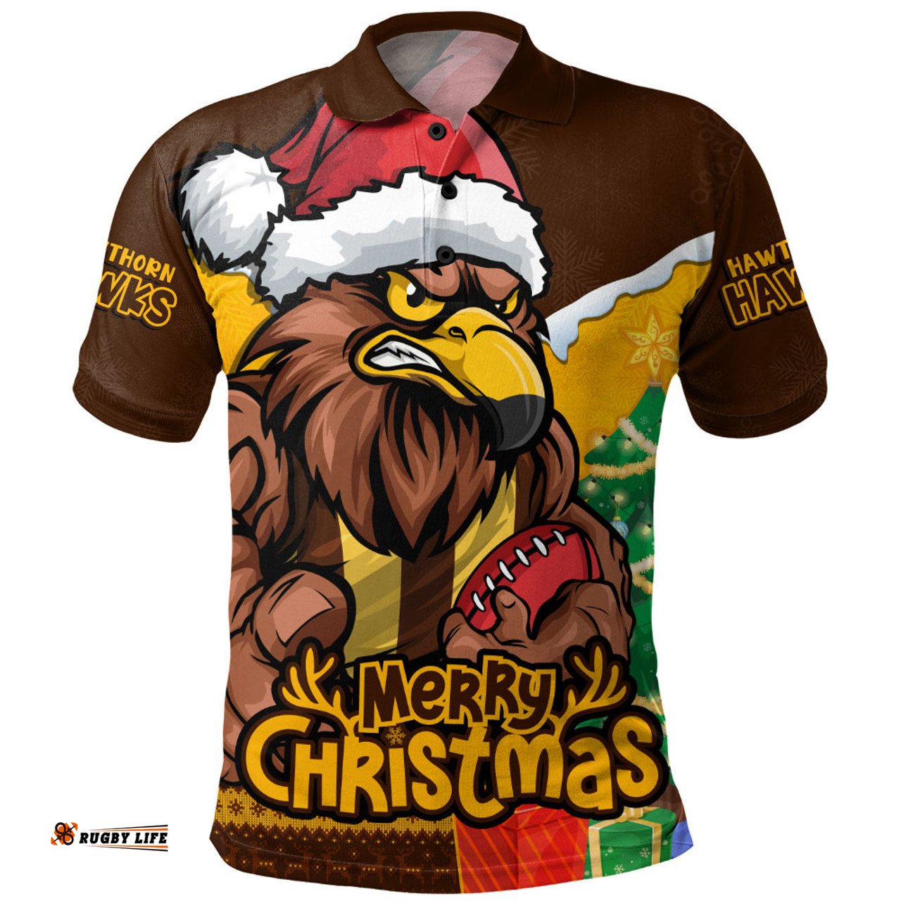 Amazing Aussie Hawthorn Santa Scoring Touchdown On Christmas Game Day Polo Shirt