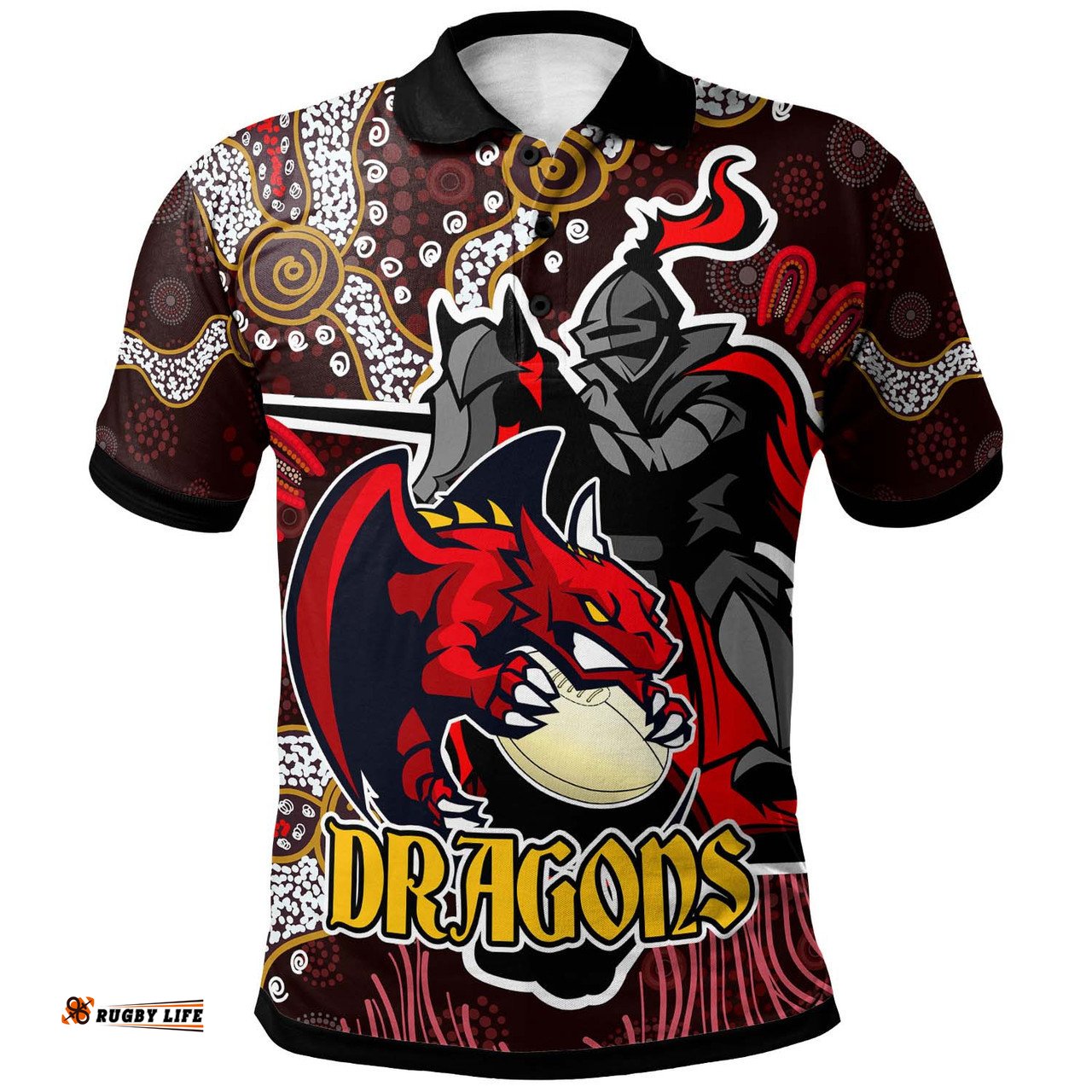 Amazing Aussie St. George Illawarra Dragons Custom Dragon with Ball and Knight Contemporary Style of Aboriginal Inspired Polo Shirt