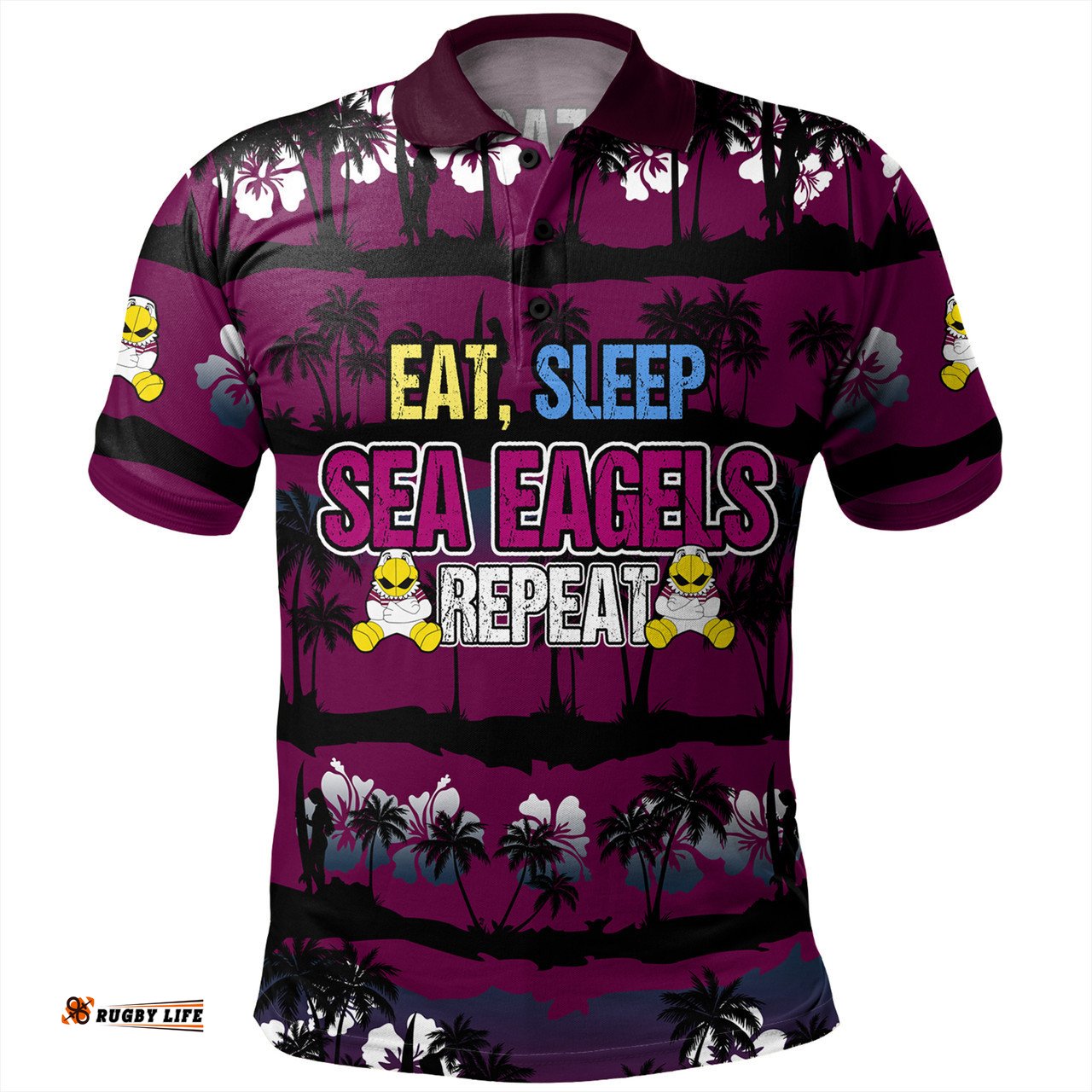 Amazing Aussie Manly Warringah Sea Eagles Eat Sleep Repeat With Tropical Patterns Polo Shirt