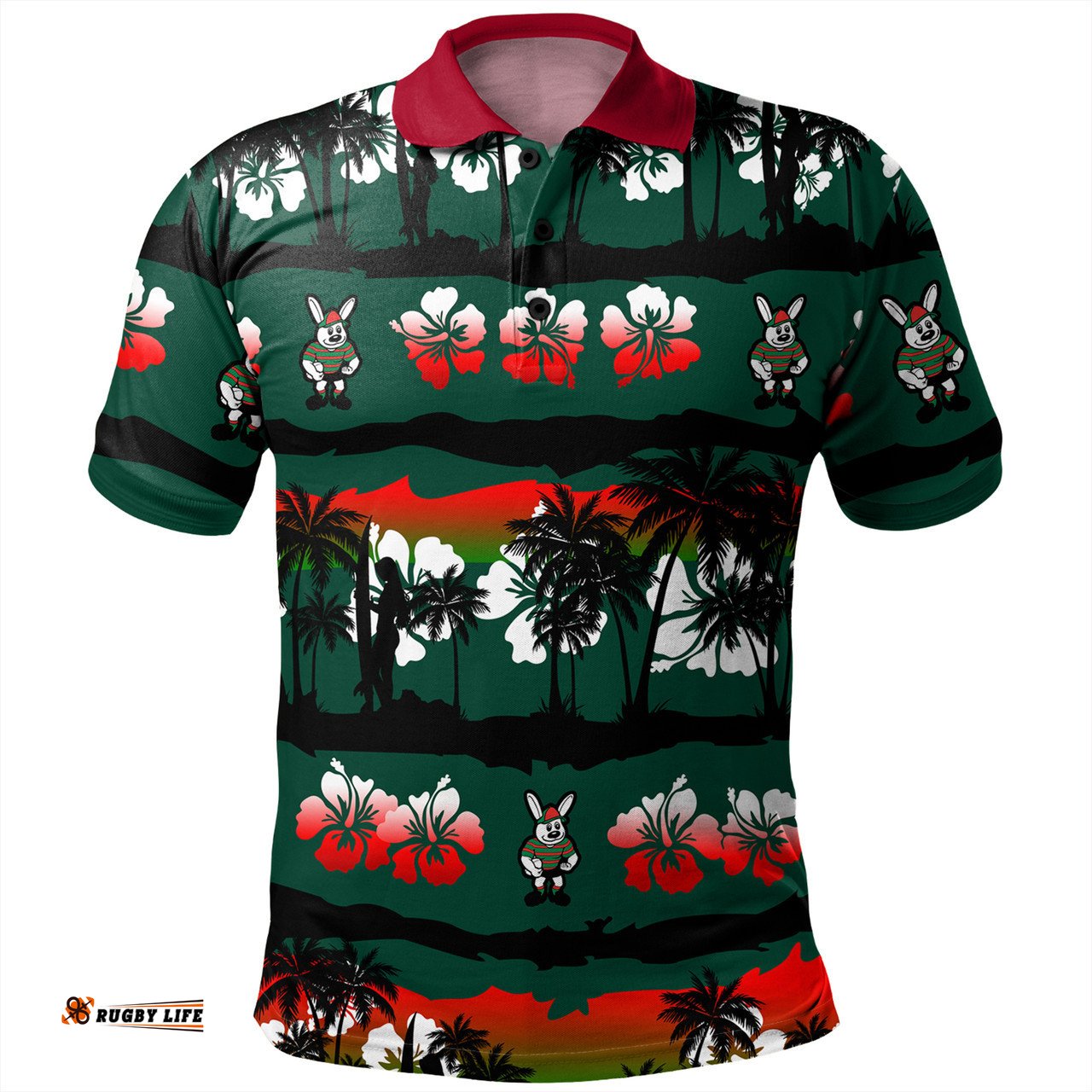 Amazing Aussie South Sydney Rabbitohs Tropical Hibiscus and Coconut Trees Polo Shirt