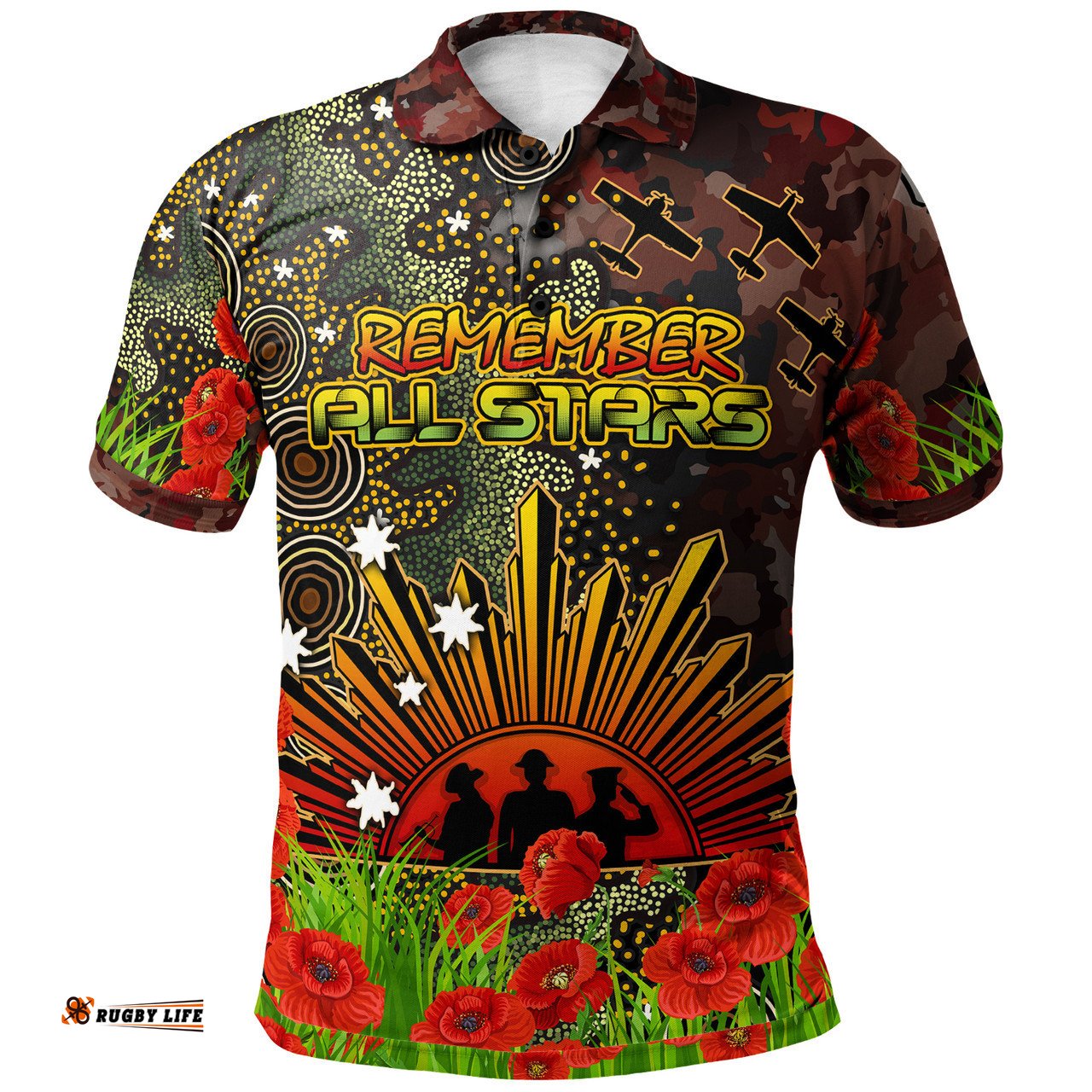 Amazing Aussie All Stars Rugby Custom Anzac All Stars with Remembrance Poppy and Indigenous Patterns Polo Shirt