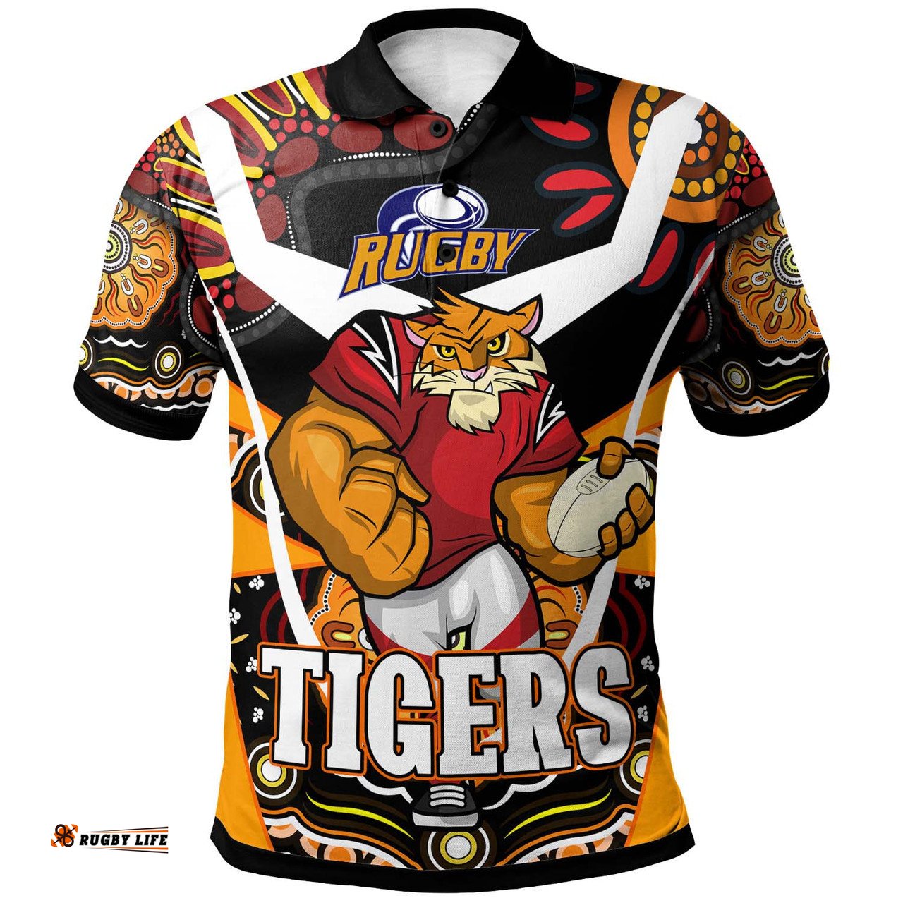 Amazing Aussie Wests Tigers Custom Wests Tigers Ball with Aboriginal Inspired Dot Painting Art Player And Number Polo Shirt