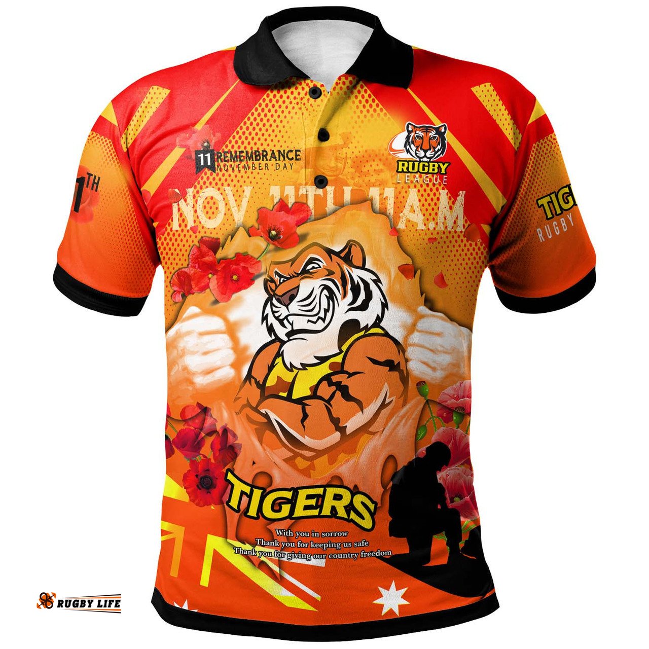 Amazing Aussie Wests Tigers Custom Wests Tigers Remembrance Day Lest We Forget Poppies Polo Shirt
