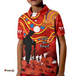 Custom Text And Number Gold Coast Football ANZAC 2023 Polo Shirt Suns Aboriginal Mix Poppy Camouflage Amazing Aussie