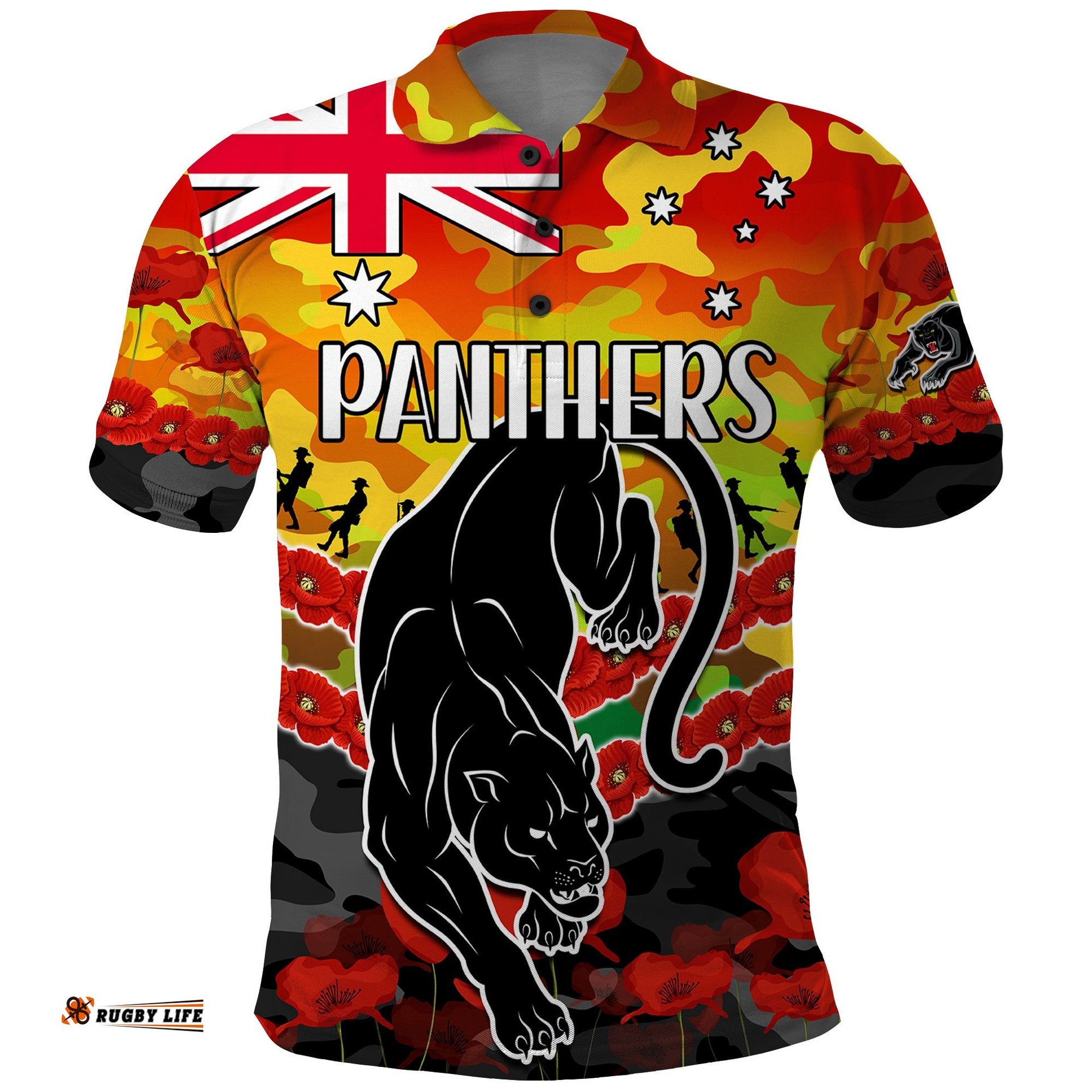 Custom Text And Number Panthers Rugby ANZAC Polo Shirt Lest We Forget