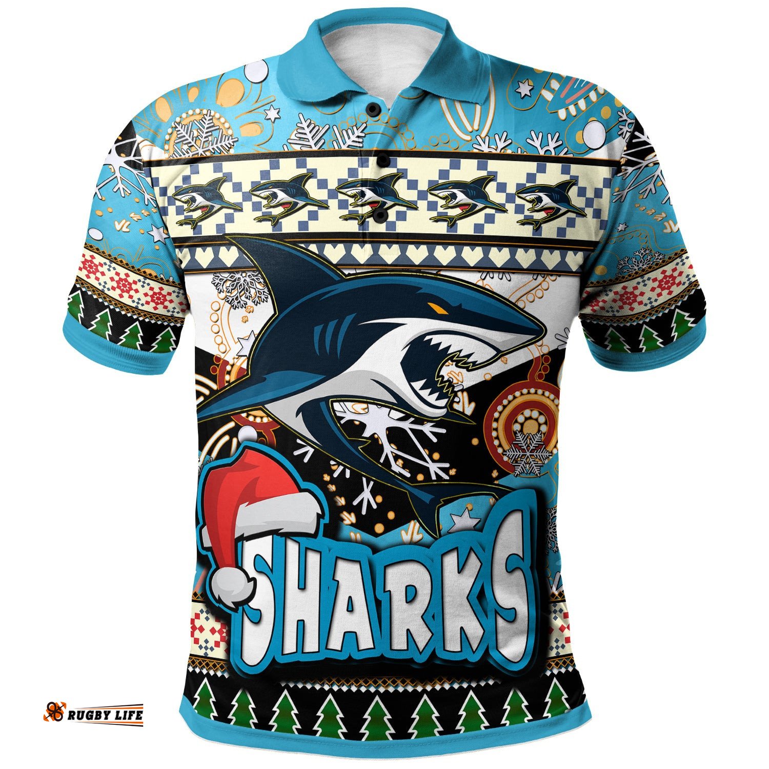 Sharks Rugby Christmas Polo Shirt - Custom Xmas Sharks Christmas Balls, Snowflake With Aboriginal Patterns Polo Shirt Amazing Aussie