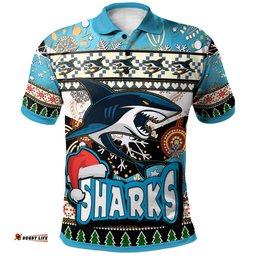 Sharks Rugby Christmas Polo Shirt - Custom Xmas Sharks Christmas Balls, Snowflake With Aboriginal Patterns Polo Shirt Amazing Aussie
